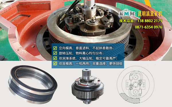 雙層、立向模具、旋轉(zhuǎn)壓輪等顆粒機(jī)內(nèi)部示意圖